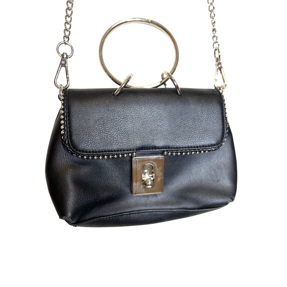 Small Black Faux‎ Leather Crossbody Bag Clutch Removable Strap Silver Hardware